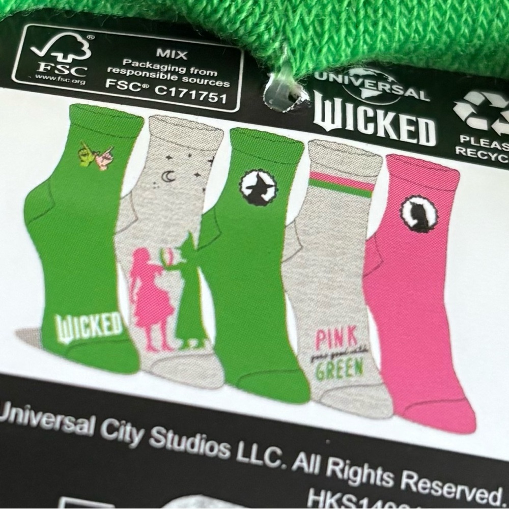 Wicked the Musical Pink, Green and Gray Graphic Socks set of 5 - Picture 4 of 5